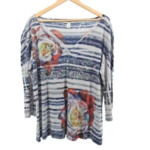 Style & Co Plus Size 2X‎ Rose Floral Stripe Embellished Sequin Henley Boho Y2K